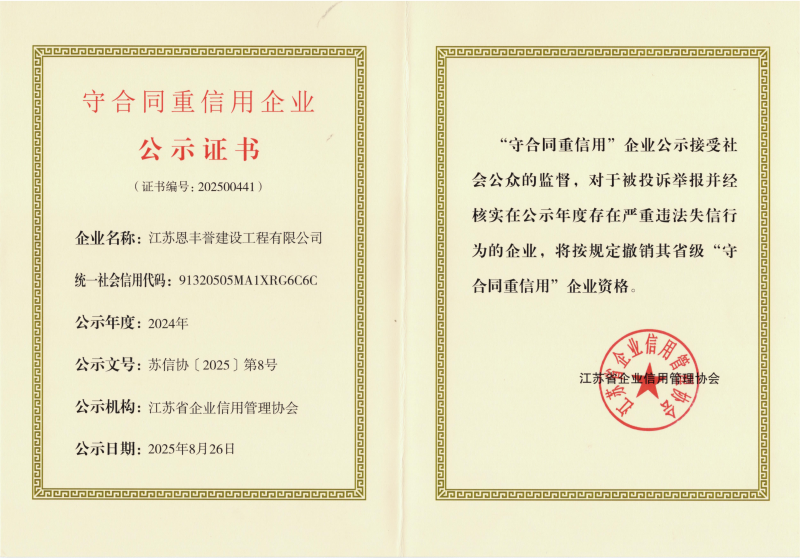 2024年度江苏省守信用重合同公示证书